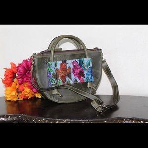 Olive green Leather Purse w/ embroidered birds